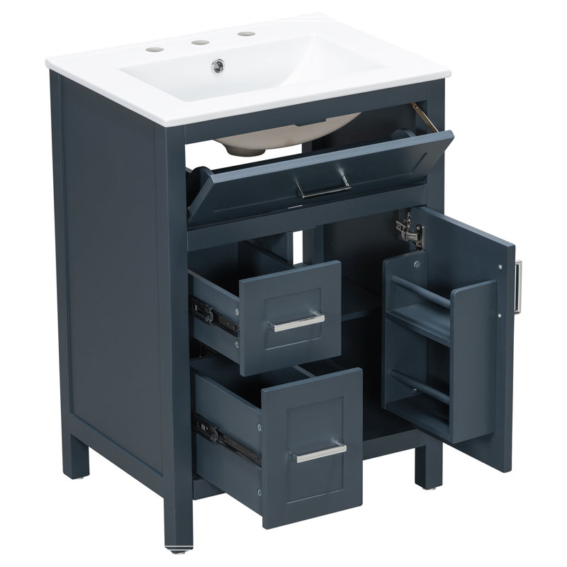 Meuble-lavabo de salle de bain avec lavabo en céramique, 1 porte, tiroir rabattable et 2 tiroirs, Blue