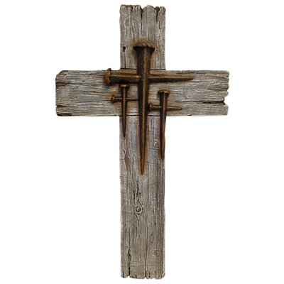 Décoration murale en polyrésine, faux bois vieilli et croix croisée cloutée