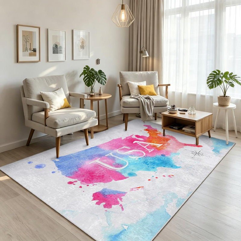 Tapis d'intérieur bleu lavable à la machine, motif carte des États-Unis à l'aquarelle, Rectangle 71" x 98"