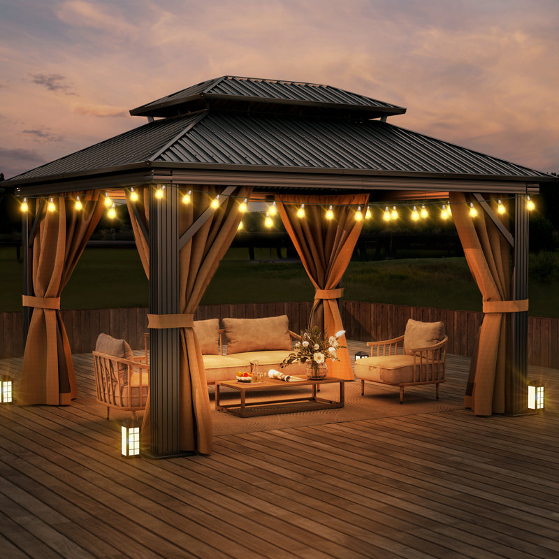 Pavillon de jardin en aluminium à toit double avec toit rigide, 14 pi x 12 pi, Brun