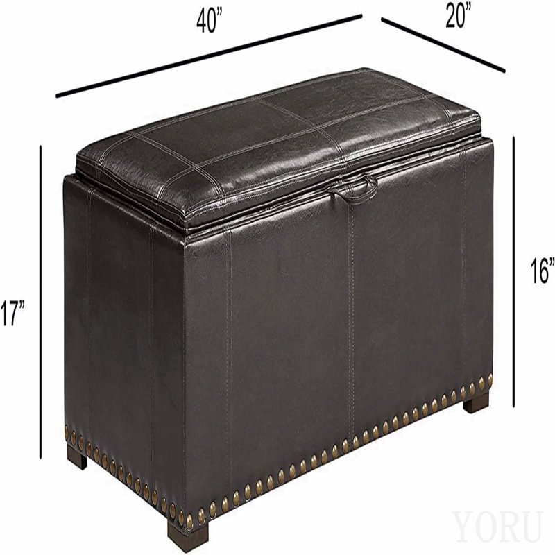 Banc de rangement en cuir avec 2 repose-pieds latéraux, noir