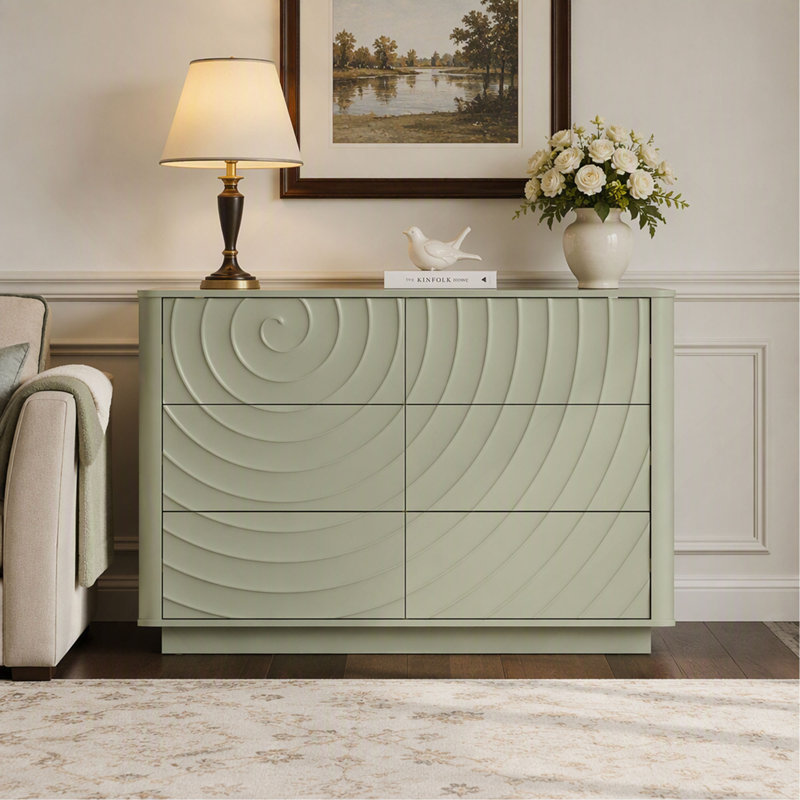 Commode à 6 tiroirs de 118 cm (46,5 pouces) au design ondulé sans poignées, meuble de rangement moderne pour chambre à coucher