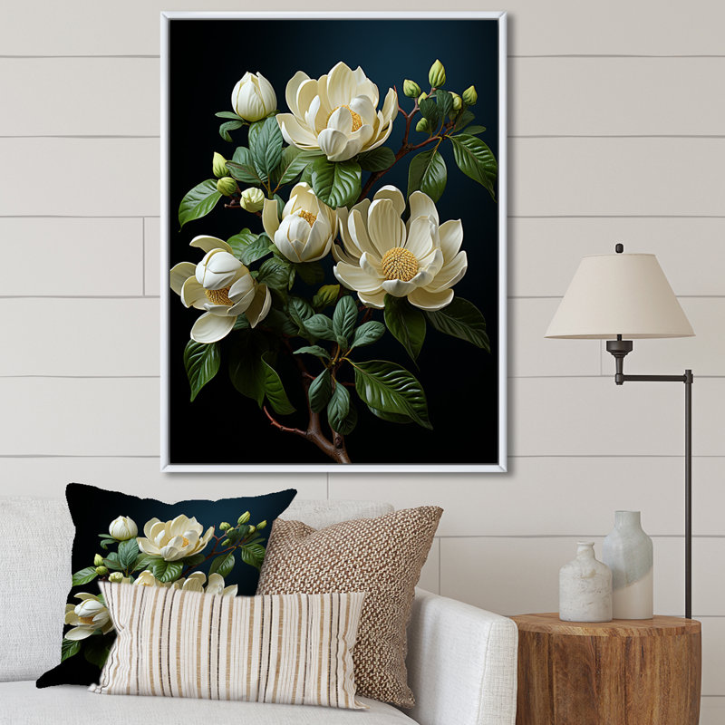 Art mural beige - Magnolias, H 44 po x l 34 po x P 1,5 po, Cadre flottant blanc