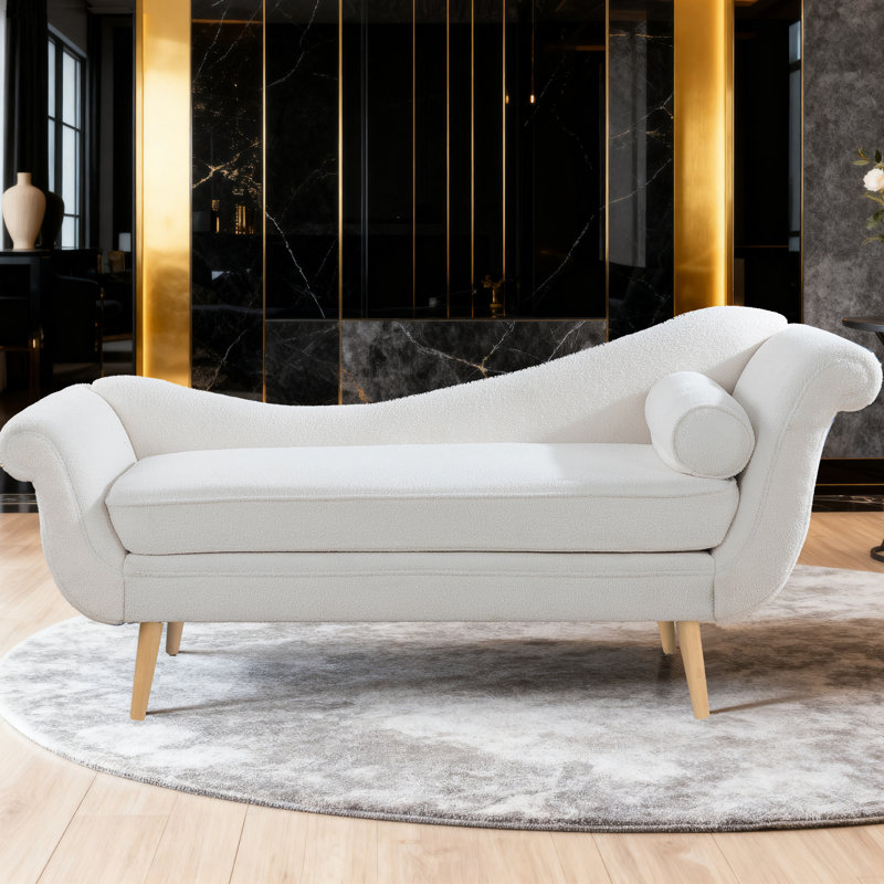 Chaise longue en velours avec accoudoirs à volutes et coussin incurvé, Blanc, Bois