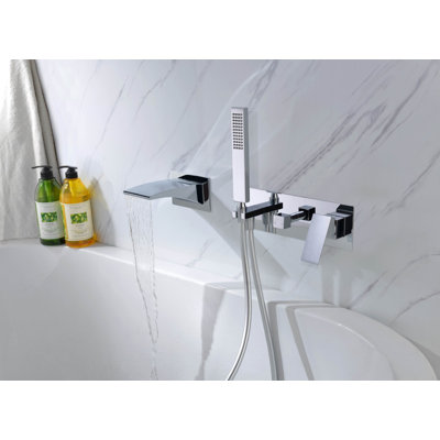 Sumerain Modern Wall Mount Tub Faucet with Handshower and Diverter,Double Handle Waterfall Tub Faucet