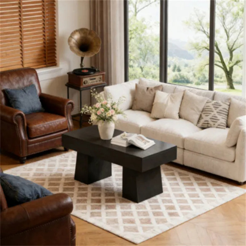 Table basse de style campagnard rectangulaire de 47,24 pouces, canapé central en panneau de fibres à densité moyenne à finition bois rustique avec base épaisse et robuste et repose-pieds réglables