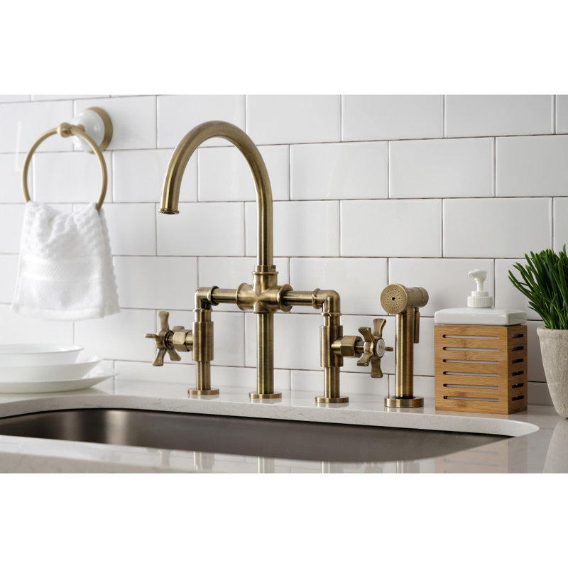 Kingston Brass Two-Handle 4-Hole Deck Mount Industrial Style Bridge Kitchen Faucet with Brass Side Sprayer, null, null