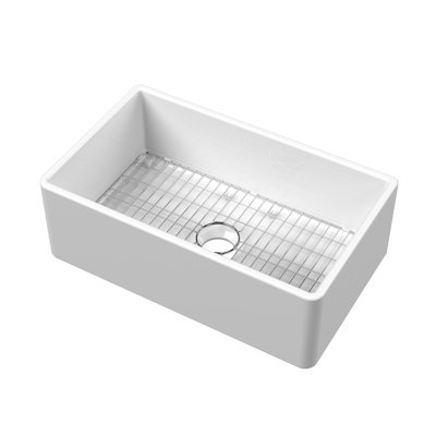 Nuie Kitchen Sink with Grid, 30 inch Single Bowl Apron Front Farmhouse Sink, Fireclay Ceramic Finish Kitchen Sinks, Central Waste - 30x18x10" (White)