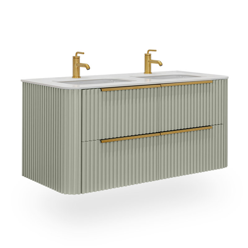 Flutti 48" Double Sink Vanity, Brushed Gold, Solid Surface Matte White/3 Faucet Holes, Sage
