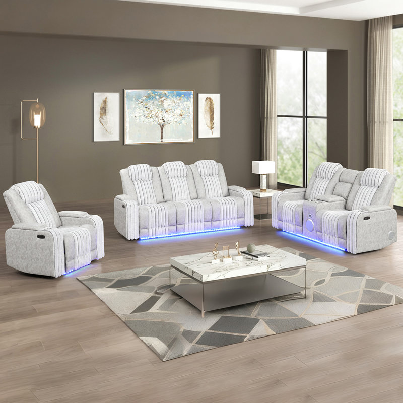 Ensembles inclinables électriques modernes et contemporains avec appuis-tête réglables, prise de courant USB et éclairage à DEL et haut-parleur (canapé + causeuse + fauteuil)