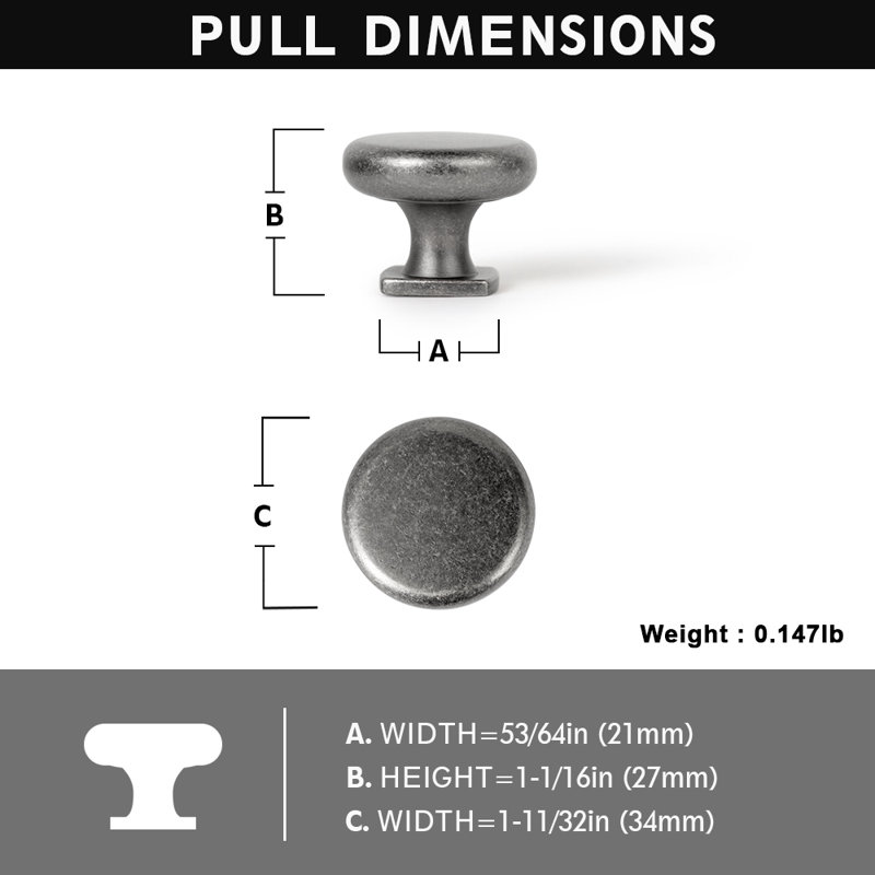 Poignée champignon de 53/64 po de diamètre, Argent antique