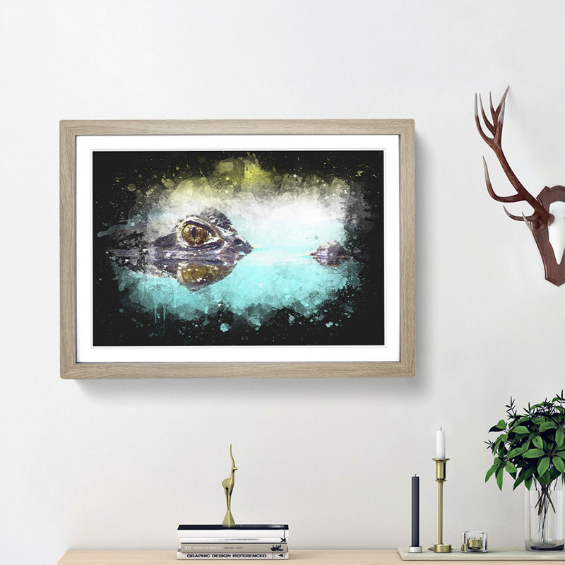 Peering Crocodile - Picture Frame Graphic Art Print, 45cm H x 63cm W x 2cm D, Oak Framed