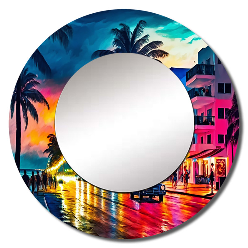 Patrise Miami Beach Holidays 3 Architecture - grand miroir mural Miami, miroir rond blanc unique, reproduction d'art en métal