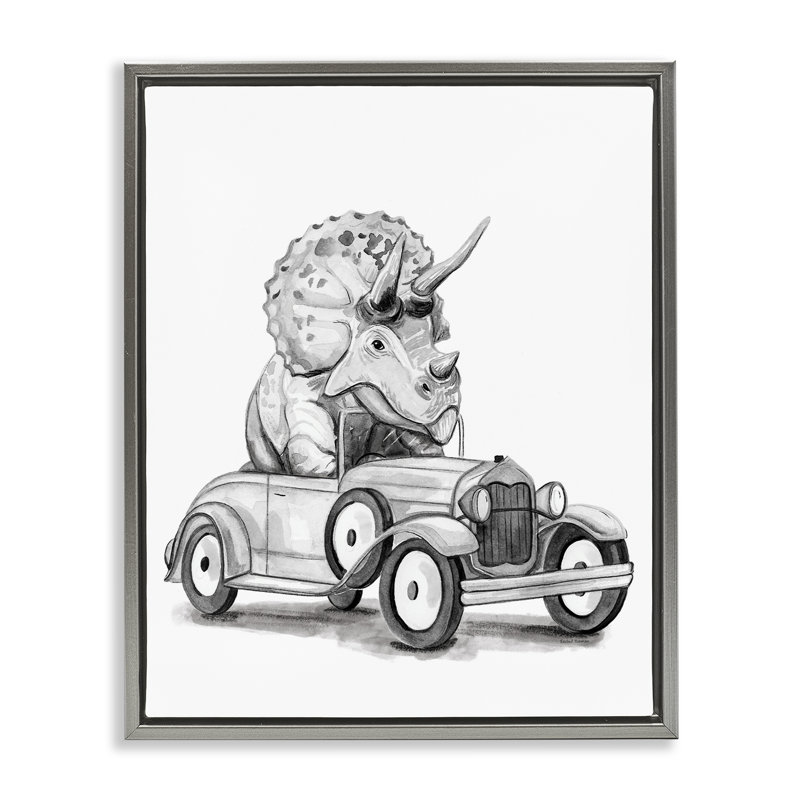 Triceratops dans un cadre flottant de véhicule rétro, design par Rachel Nieman, H 21 po x l 17 po, Cadre flottant gris lustré