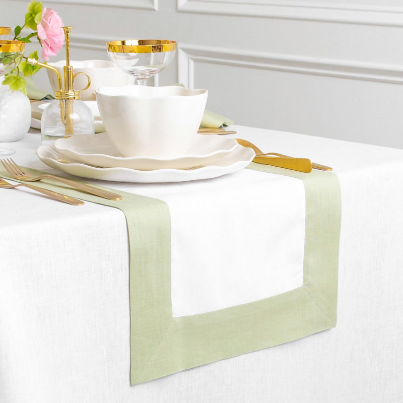 Linen Table Runners, Sage Green/White, 144" x 14"