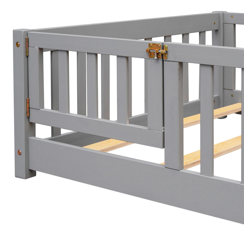 Platform Slat Bed with Door and Fence, Gray, Twin