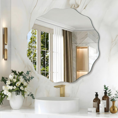 Ebern Designs Frameless Wavy Round Mirror, 24'' Scalloped Circle Wall Mirror