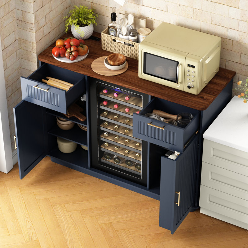 Mini armoire à réfrigérateur cannelée avec centrale électrique et porte-verres à pied - Buffet haut de 38,8 po avec tiroir de rangement, armoire de bar pour le salon