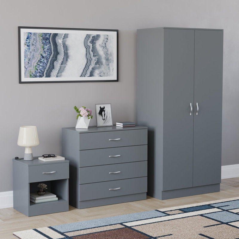 Maybery 3 Piece Bedroom Set (1 Drawer Bedside Cabinet, 4 Drawer Chest, 2 Door Wardrobe), (4), Grey