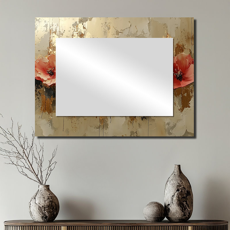 Golden Fiery Poppies On Marble River - Art mural miroir floral - imprimé sur métal, 24 po x 32 po
