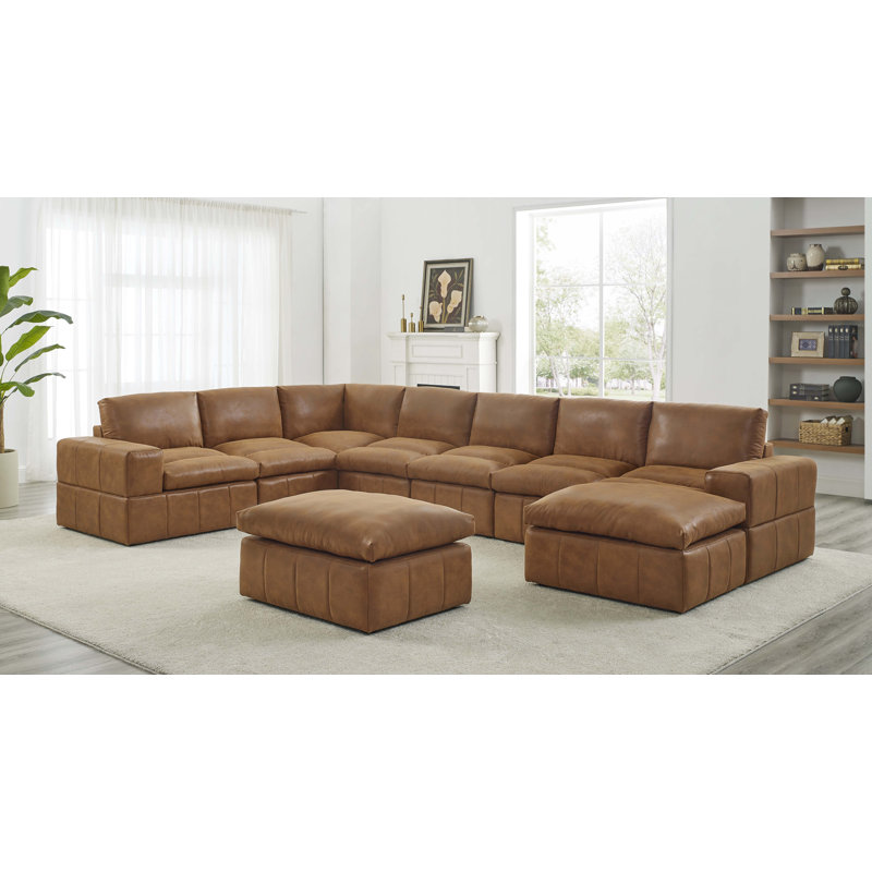 Canapé modulaire de coin avec repose-pieds Sphira, Similicuir brun rougeâtre