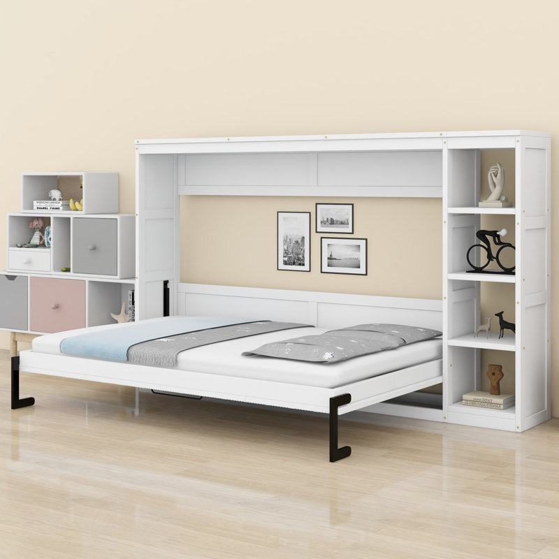 Lit escamotable avec rangement pour bibliothèque, Blanc