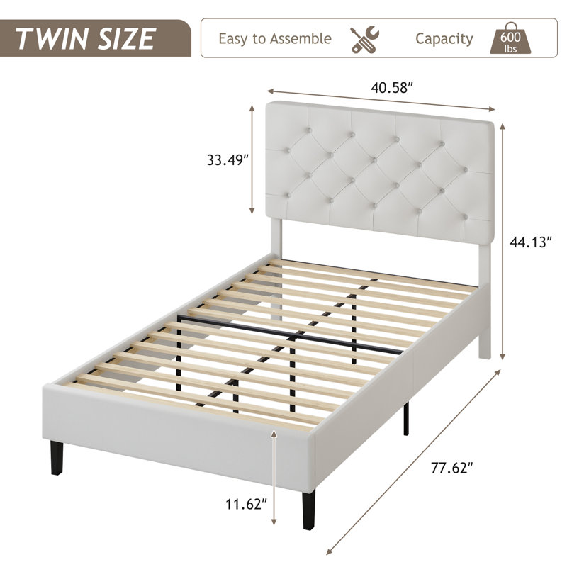 Structure de lit avec tête de lit, lit plateforme tapissier avec capitonnage à boutons Desigh, Lit simple, Blanc