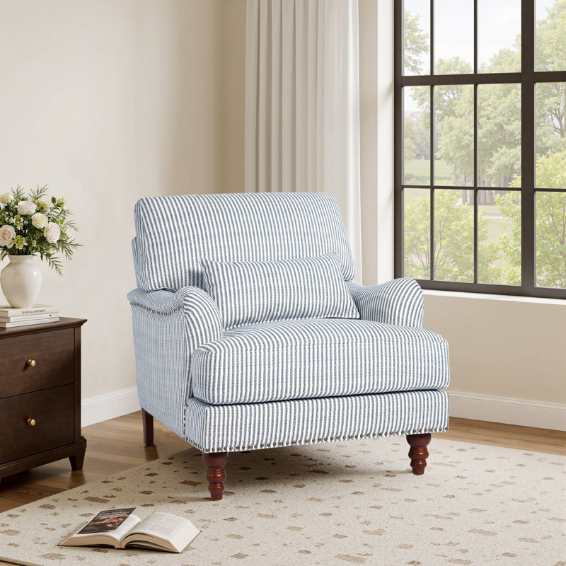Fauteuil rembourré, Lin bleu à fines rayures