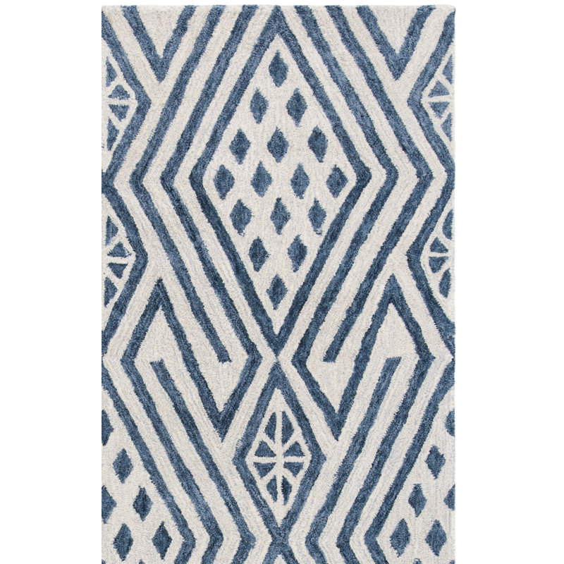 Tapis en laine / coton touffeté à la main Roswell - ivoire / bleu marine, Rectangle 2 pi 6 po x 4 pi