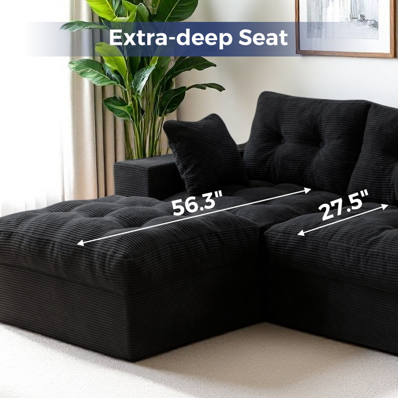 104"Cloud Modular Sectional Sofa,No Assembly Required Boneless Couch, Black Corduroy