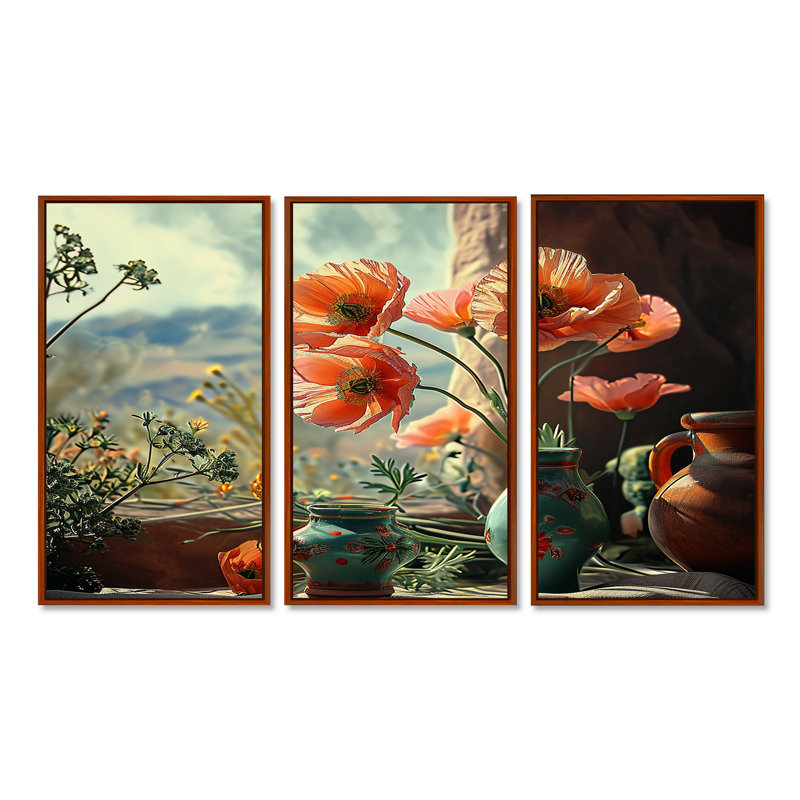 Demaio - Assorted Bouquets Wall Art Print Set, Brown Floater Framed, 32" H x 48" W x 1" D