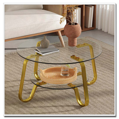 Retro minimalist style metal frame double-layer tempered glass coffee table, size 31.5 * 31.5 * 17.7 inches