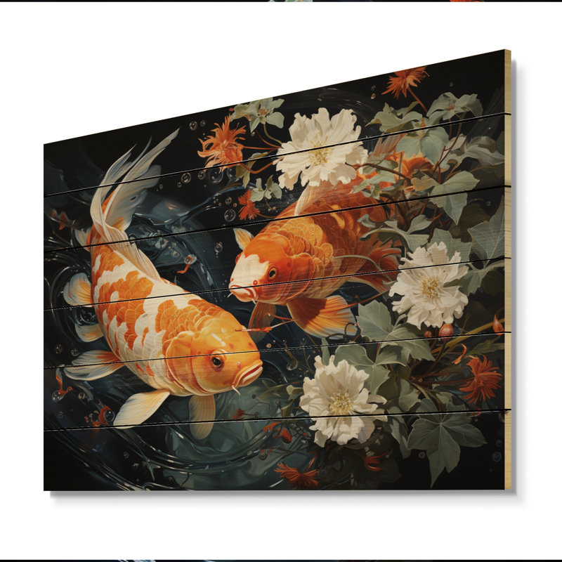 Asian Art Koi Dance II sur impression sur bois, H 24 po x l 32 po x P 0,78 po