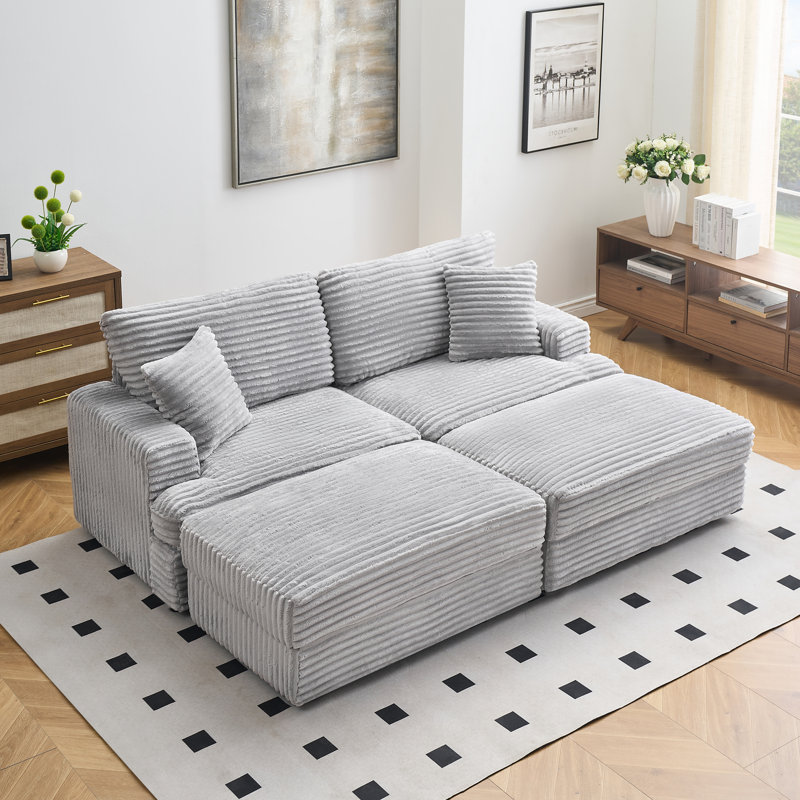 Canapé 88,58 pouces en velours côtelé gris avec deux pieds de rangement et quatre coussins, doux et élégant pour le salon et le bureau