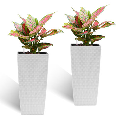 Square Planter For Indoor Or Outdoor Use, 22-Inch High Faux Rattan Design Flower Pot With Automatic Watering System For Porch, Patio, Backyard, Makes Keeping Flowers Easier (Pack Of 2, White)