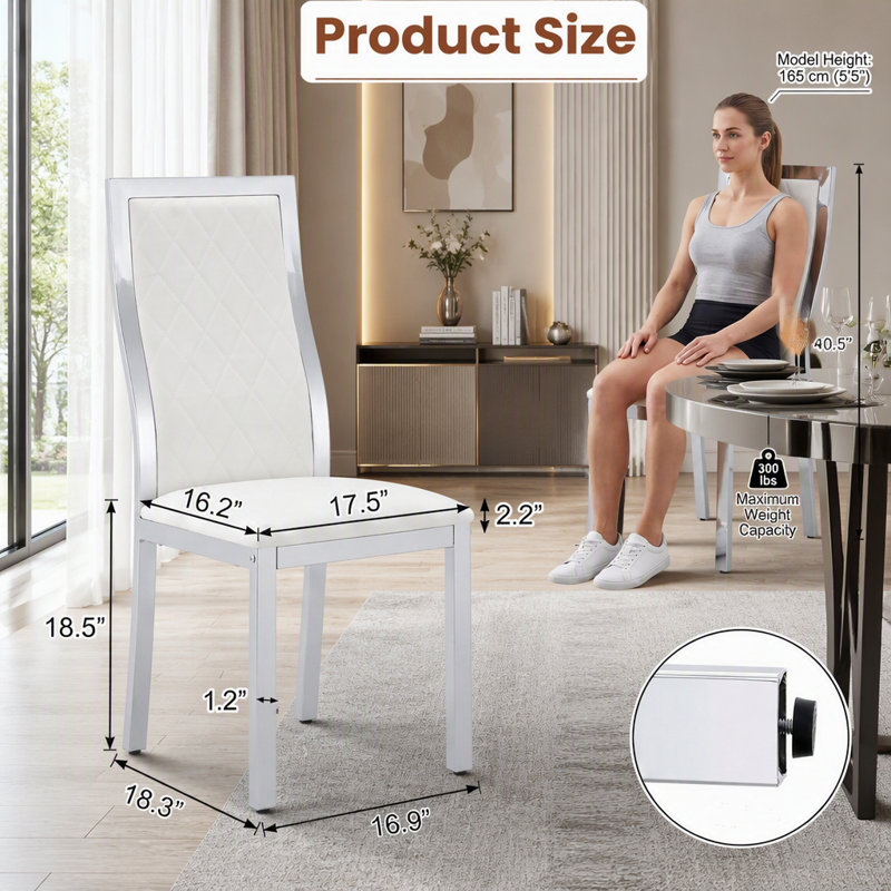 Ensemble de 2 chaises de salle à manger modernes en chrome avec motif à losanges et dossier ergonomique, Silver/White