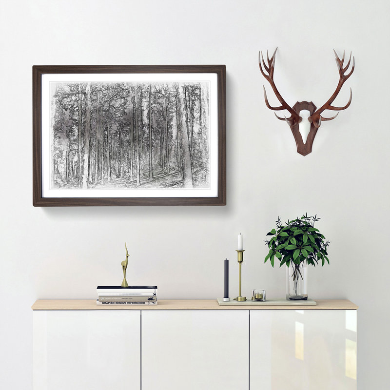 Pretty Forest Sketch - Picture Frame Graphic Art Print, Walnut Framed, 45cm H x 63cm W x 2cm D