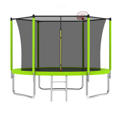 10FT Trampoline For Kids, Basketball Hoop And Ladder, Outdoor Kids Trampoline With Safety Enclosure,Fast Assembly For Backyard Fun,ASTM Approved