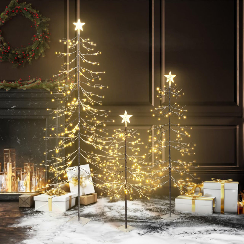 Ensemble de 3 pièces arbre de Noël artificiel à branches nues 4/6/8 pi avec lumières DEL, sommet d'une étoile, arbre floqué scintillant 48/72/96 pouces