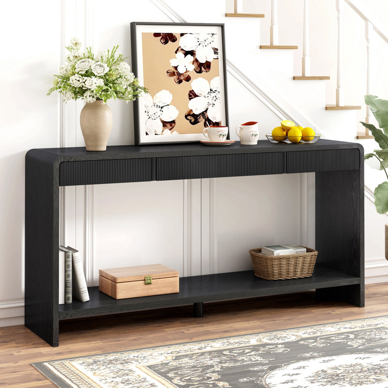 Console moderne à 4 tiroirs avec lattes verticales, conception à bords arrondis, parfaite pour le vestibule, le couloir ou derrière le canapé