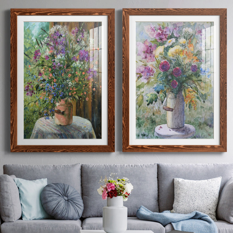 Farmhouse Bouquet - ensemble de 2 reproductions d'art, H 44 po x l 31 po x P 1 po, Papier avec cadre érable, Blanc