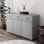 Table d'appoint Three Doors - Gris avec grand rangement, pieds en tube d'acier et tiroirs lisses
