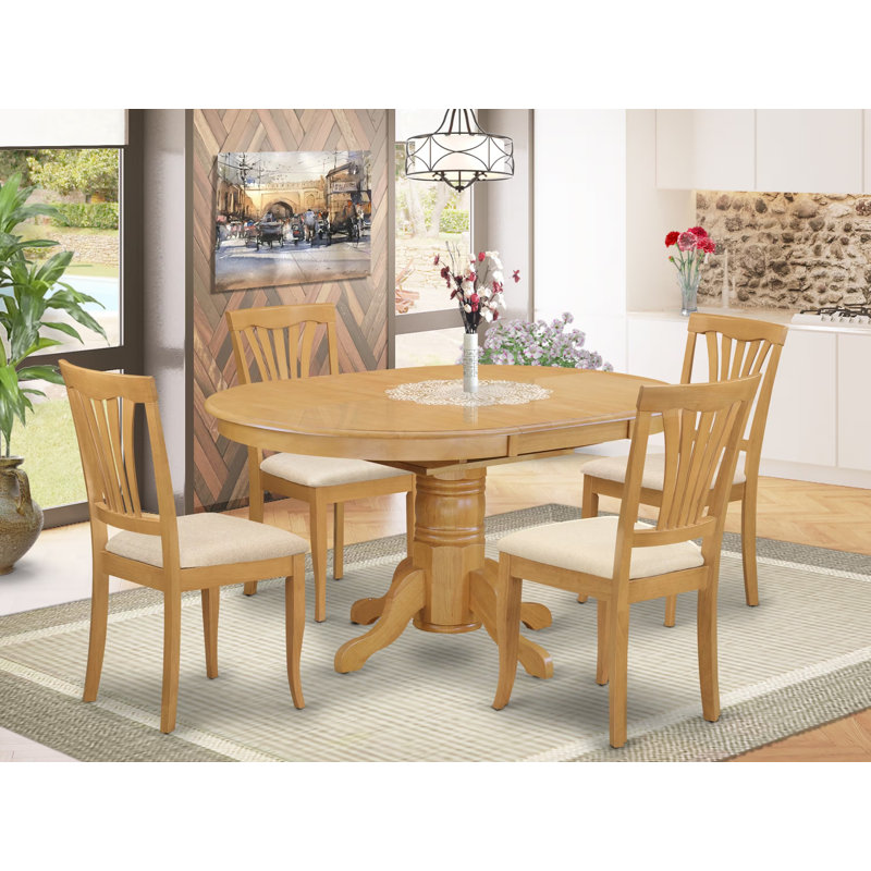 Ensemble de table de salle à manger 5 pièces comprenant une table ovale en bois avec rallonge papillon et 4 chaises de cuisine en tissu de lin, 42 x 60 pouces, chêne