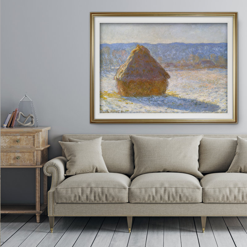 « haystack matin » par claude monet, reproduction de peinture à l’huile, Cadre doré, Blanc mat, H 28 po x l 38 po x P 1,5 po