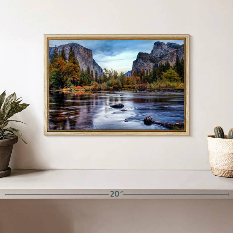 Yosemite Autumn River, Floating Frame Natural Wood, 13" X 9"