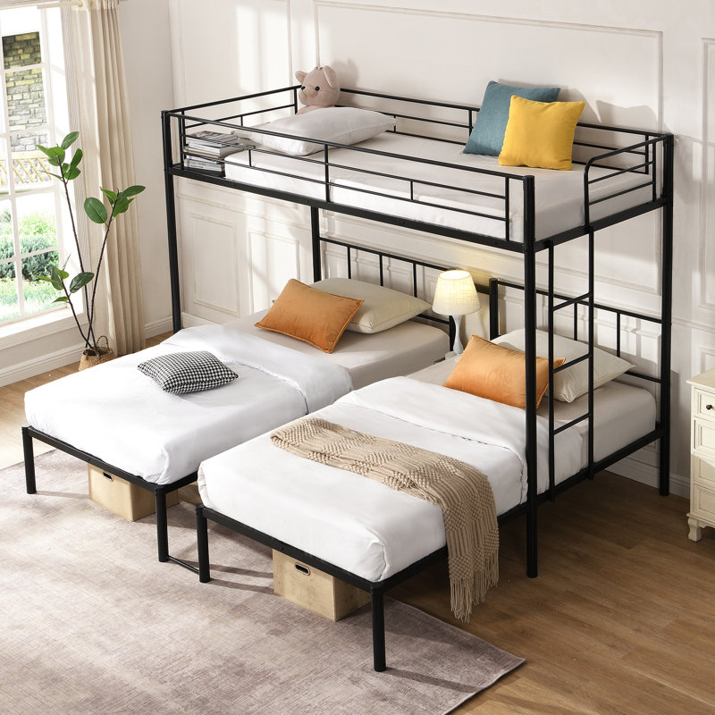 Triple lit superposé simple au-dessus d'un lit simple, structure en métal, vertical, garde-corps à quatre côtés, rangement pour fournitures noir, 78 po de profondeur, 92,1 de largeur, 72 de hauteur, 135,37 lb avec rail, tablette, extension appropriée