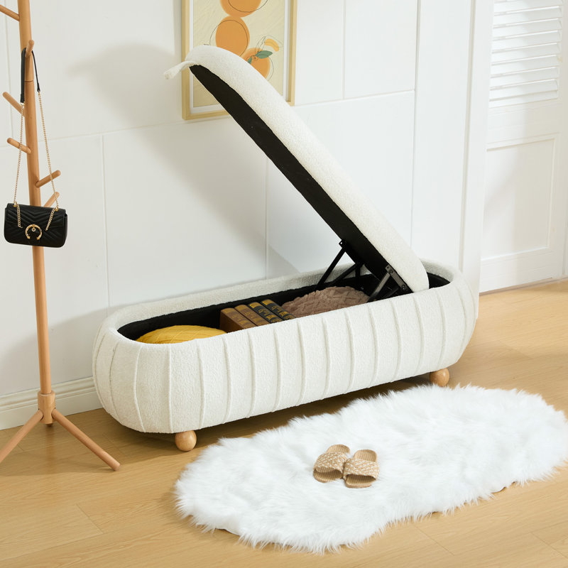 Banc coffre-pouf beige en chenille de 140 cm de large avec couvercle rabattable, Beige, Beige