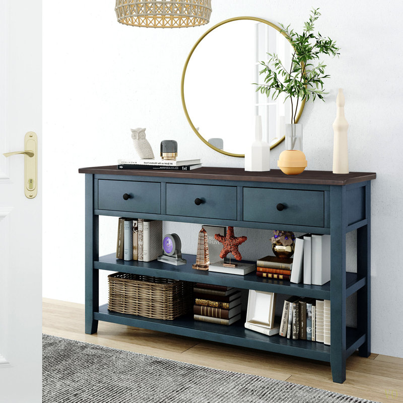 Console rustique avec 2 tablettes ouvertes et 3 tiroirs Cevat, Espresso, Bleu marine, H 30 po x l 50 po x P 16 po