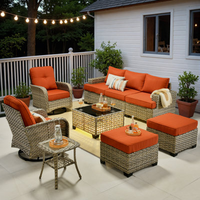 Ensemble de conversation en osier / rotin pour 5 personnes avec chaises pivotantes et coussins Wahkon