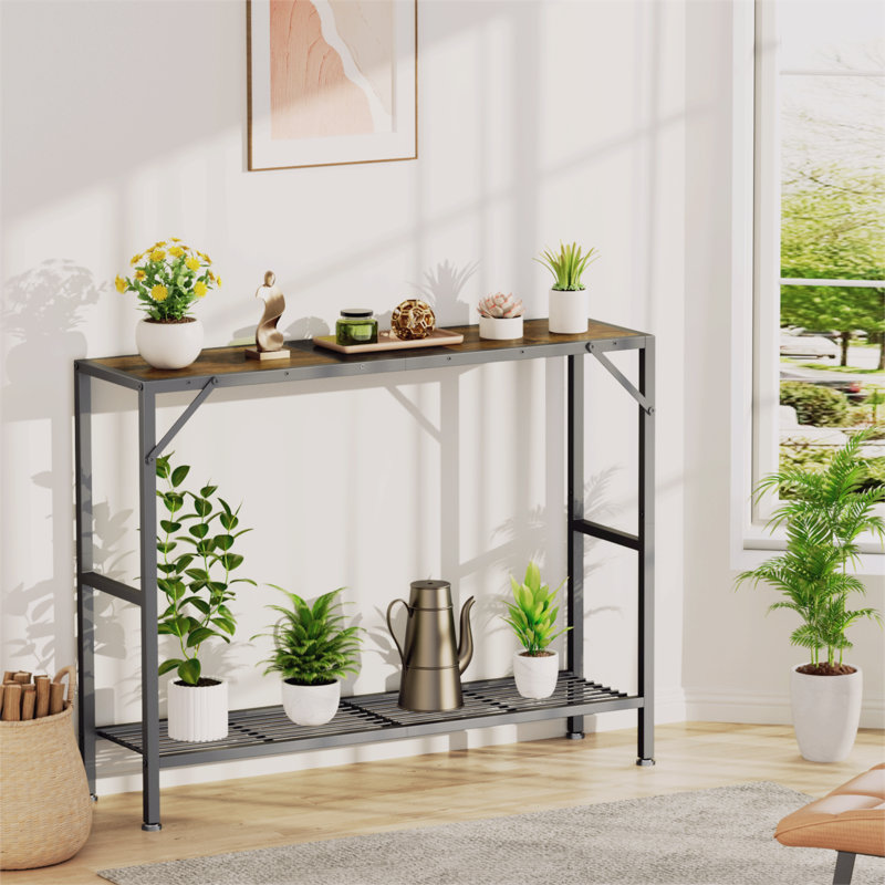 Rustic Brown Slim Wood and Metal Console Table with Storage